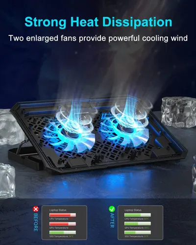 Demonstrates the laptop cooling pad's effectiveness by showing a before-and-after comparison of CPU, GPU, and SSD temperatures, proving the product significantly reduces device heat. Highlights the…