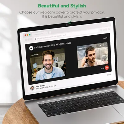 Highlights the webcam cover's dual benefit of protecting user privacy while maintaining an attractive, stylish appearance that complements the laptop's design.