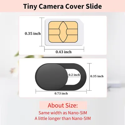 Communicates the exact physical dimensions of the camera cover slide to help shoppers understand its small, precise size and compatibility with devices.