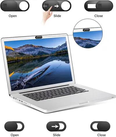 Demonstrates how to operate the webcam cover's sliding mechanism to open and close the privacy shutter, reassuring shoppers about ease of use.