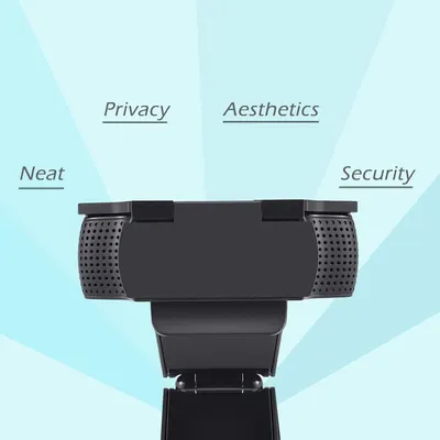 Communicates four distinct benefits of the webcam—privacy protection, attractive design, neat appearance, and security—to reassure shoppers of its comprehensive value.