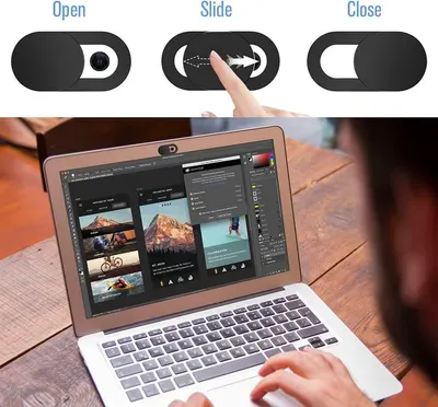 Demonstrates how to operate the webcam cover's sliding mechanism to open and close the privacy shield, reassuring shoppers about ease of use. Highlights the privacy protection benefit and simple…