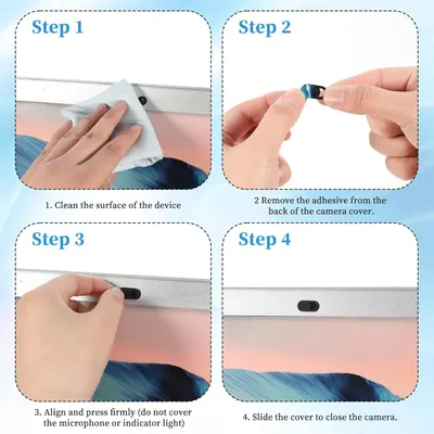 Provides step-by-step visual instructions to guide the shopper through the proper installation process of a camera privacy cover, ensuring correct setup and functionality.