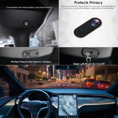 Demonstrates multiple use cases and features of the camera privacy cover: compatibility with specific Tesla models, how it protects privacy with a low-profile design, how it matches the interior,…