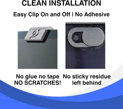Communicates multiple installation benefits: the product clips on easily without adhesive, won't scratch surfaces, and leaves no sticky residue when removed.