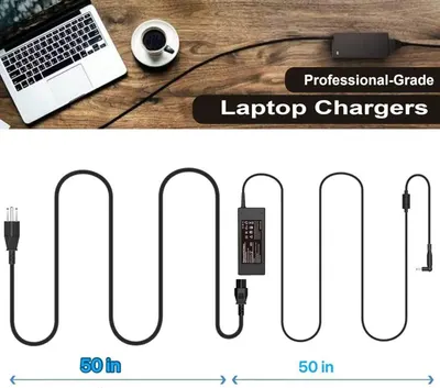 Demonstrates the 50-inch cable length of the laptop charger to help shoppers understand the reach and flexibility of the product. Highlights the professional-grade quality and generous cable length…