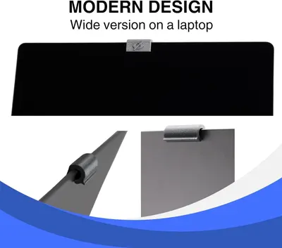 Highlights the modern design and physical components of the laptop privacy cover, showing the wide version and detailed close-ups of the hinge mechanism to demonstrate build quality and functionality.