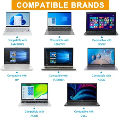 Demonstrates that the product is compatible with multiple major laptop brands (Samsung, Lenovo, Sony, HP, Toshiba, Asus, Acer, Dell) to reassure shoppers of broad device compatibility.