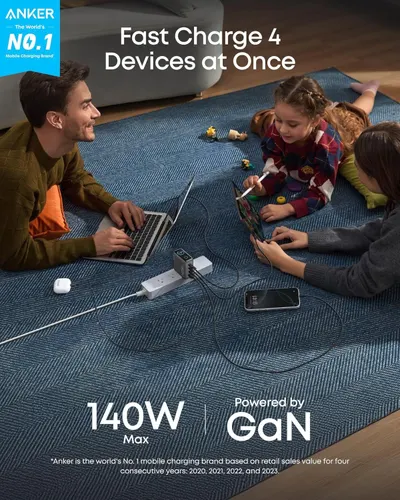 Communicates the key benefit of charging 4 devices simultaneously with fast charging capability, reassuring shoppers that the product can handle their family's charging needs efficiently.…