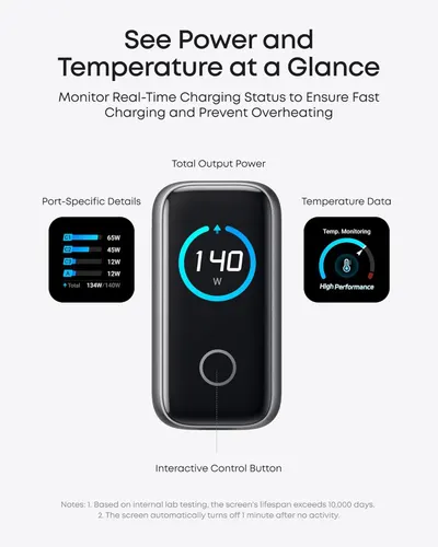 This image breaks down the physical components and interface elements of the charging device, showing shoppers how the display provides real-time power and temperature monitoring to ensure safe,…