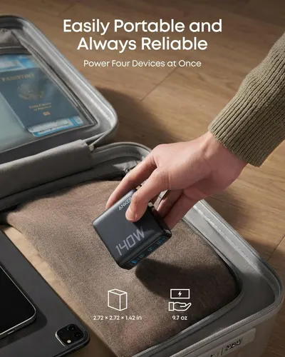 Communicates that the charger is compact, lightweight, and reliable for powering multiple devices simultaneously, making it ideal for travel and everyday use. Shows the physical size and weight of…