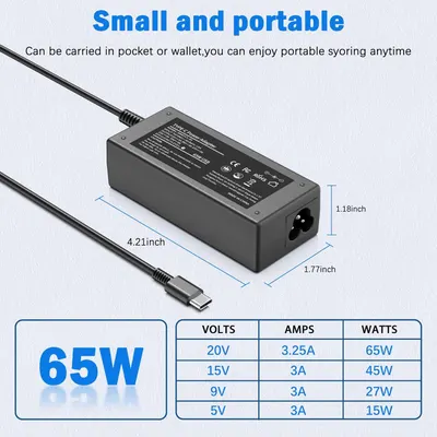 Communicates the physical dimensions of the power adapter (4.21 x 1.77 x 1.18 inches) and emphasizes its small, portable design that can fit in a pocket or wallet for convenient travel. Highlights…