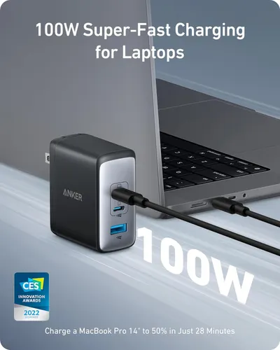 Communicates the high-speed charging capability with specific wattage and time-to-charge metrics to demonstrate superior performance and efficiency for laptop users. Highlights the primary benefit…