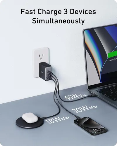 Communicates the charger's multi-device fast charging capability with specific wattage outputs for each port, reassuring shoppers of its power and versatility. Highlights the core benefit of…