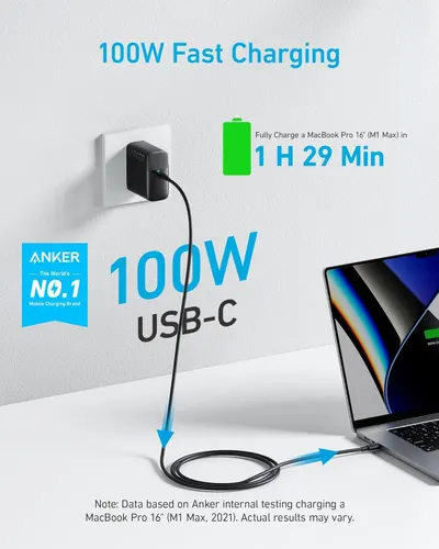 Communicates the powerful 100W charging capability and specific time metric to fully charge a MacBook Pro, demonstrating fast charging performance and efficiency. Highlights the key benefit of rapid…