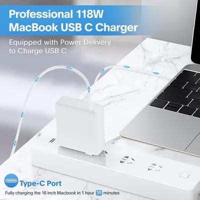Communicates the powerful 118W charging capability and fast charging time (1 hour 35 minutes for 16-inch MacBook) to demonstrate the product's high performance and efficiency. Highlights the…