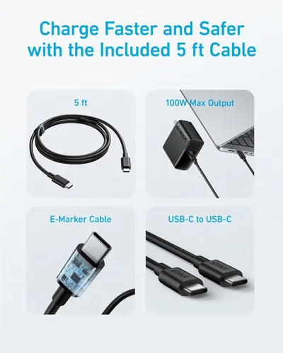 Shows everything included with the product purchase, highlighting the cable length, charging power, and cable type to help shoppers understand what they receive and the product's fast-charging…