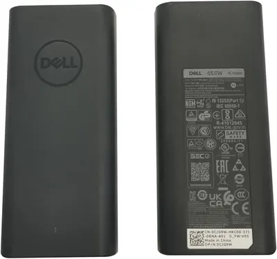 Shows the Dell AC adapter from both front and back angles to give shoppers a complete visual understanding of the product's physical appearance and specifications label.