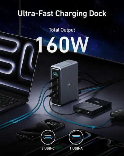 Highlights the charging dock's powerful 160W total output capacity to communicate fast, efficient charging performance for multiple devices simultaneously. Emphasizes the primary benefit of…