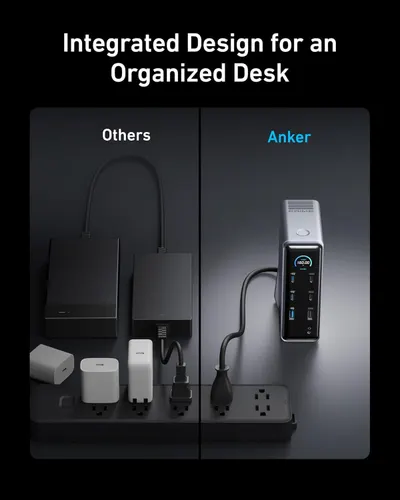 Demonstrates how the Anker product provides a cleaner, more organized desk setup compared to competitors' cluttered arrangement of multiple devices and cables.