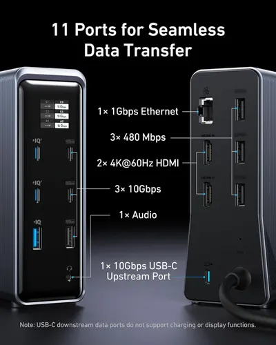 This image breaks down all 11 ports and their specifications to help shoppers understand the comprehensive connectivity options available, including Ethernet, USB, HDMI, and audio ports with their…