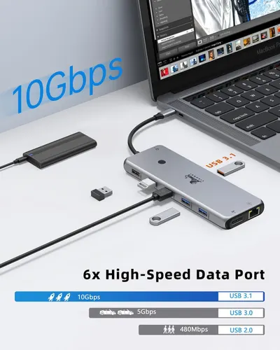 Communicates the product's high-speed data transfer capability (10Gbps) and multiple port options to reassure shoppers of fast, efficient connectivity and performance. Highlights the primary benefit…