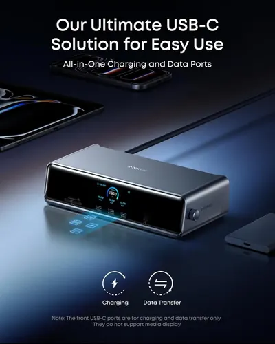 Communicates the product's versatility as an all-in-one USB-C solution that handles both charging and data transfer, reassuring shoppers of its comprehensive functionality.