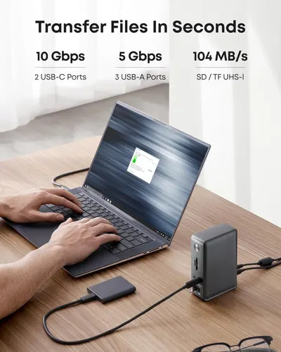 Communicates the product's fast file transfer capabilities across multiple port types (10 Gbps, 5 Gbps, 104 MB/s) to reassure shoppers of high performance and versatility. Highlights the core…