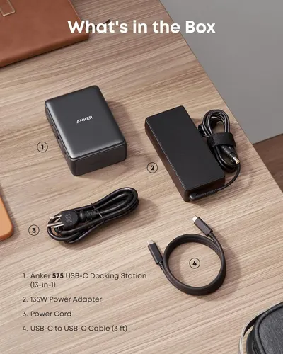 Shows the customer everything included in the box—the docking station, power adapter, power cord, and USB-C cable—to set clear expectations and demonstrate completeness of the purchase.