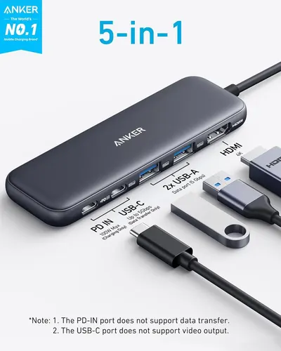This image breaks down the physical ports and components of the 5-in-1 USB hub, showing shoppers exactly what connections are available and their specifications to help them understand the product's…