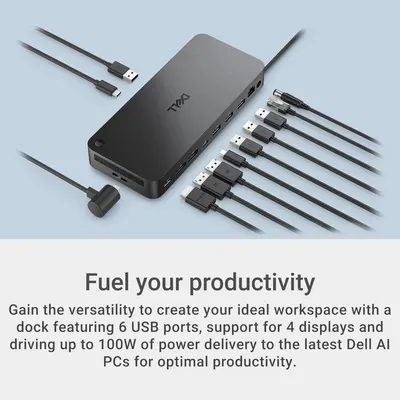Communicates the dock's versatility and productivity benefits by highlighting multiple key features: multiple USB ports, multi-display support, and high-power delivery capability for Dell AI PCs.
