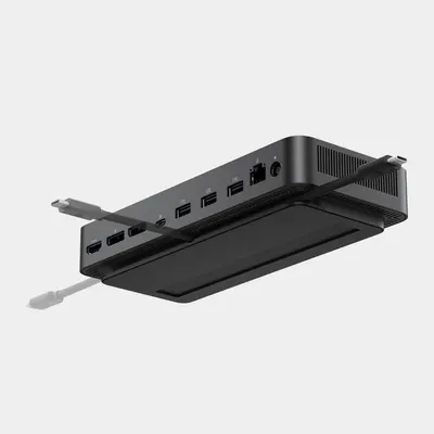 Shows the physical components and port layout of the docking station, helping shoppers understand what connections are available and where they are located on the device.