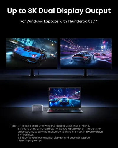 Demonstrates the product's capability to support dual external monitors with up to 8K resolution for Windows laptops with Thunderbolt 5/4, showing multiple use scenarios for gaming and productivity.…