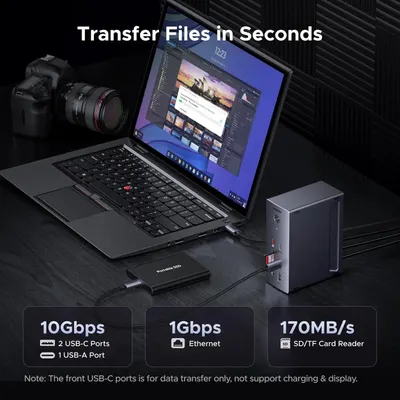 Communicates the product's multiple connectivity and data transfer capabilities, emphasizing speed and versatility for professional users who need to transfer files quickly from cameras and other…