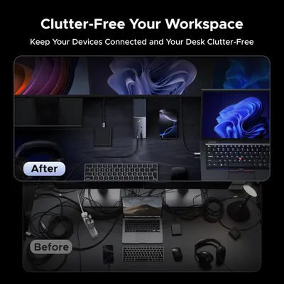 Demonstrates the transformation from a cluttered, cable-filled workspace to a clean, organized desk setup, showing how the product helps manage devices and reduce desk clutter.