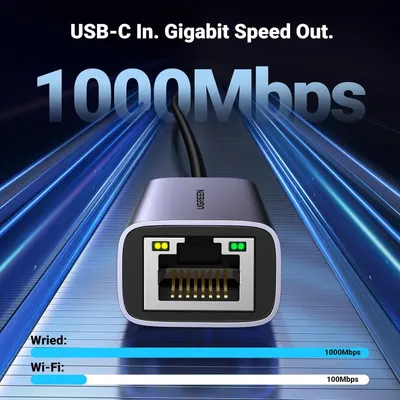 Highlights the product's high-speed performance capability of 1000Mbps wired connection and gigabit speed output, emphasizing superior wired performance over Wi-Fi to reassure shoppers of fast,…