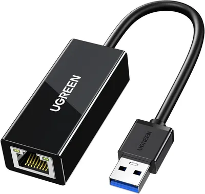 Provides a clean, catalog-style view of the USB to Ethernet adapter showing the product's physical appearance and ports without distractions.