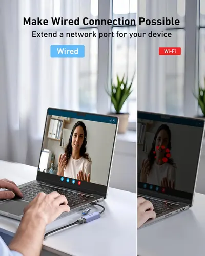 Demonstrates the product's dual connectivity capability, showing how it enables both wired and wireless network connections for video conferencing and other device uses. Highlights the product's…