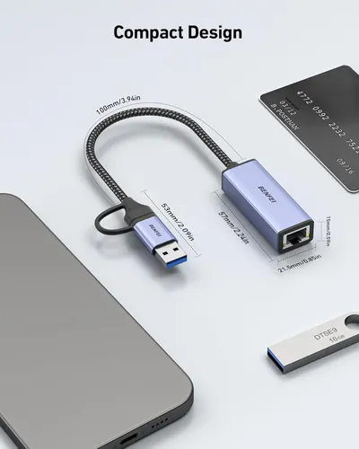 Communicates the product's compact, portable size through precise dimensional measurements, reassuring shoppers that the USB adapter is travel-friendly and space-efficient.