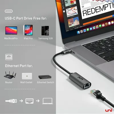 Demonstrates the multiple devices and use cases the USB-C to Ethernet adapter is compatible with, showing it works with MacBook Pro, iPad Pro, Samsung S20, and various network equipment like…