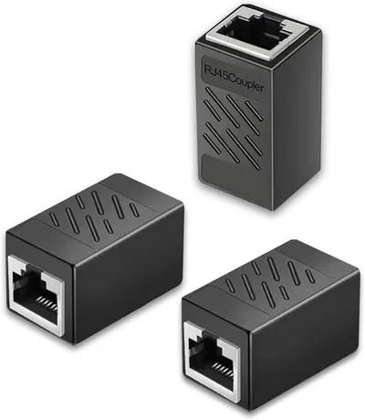 Displays the RJ45 coupler product clearly on a white background to show its physical appearance and design without distractions.