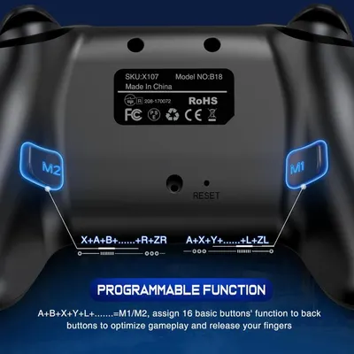 Highlights the controller's programmable back buttons (M1/M2) that allow gamers to assign 16 basic button functions to optimize gameplay and improve ergonomics.