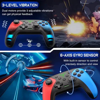 Highlights two distinct technical gaming features of the controller: adjustable vibration feedback for immersive gameplay and precise motion control via gyro sensor for enhanced directional accuracy.