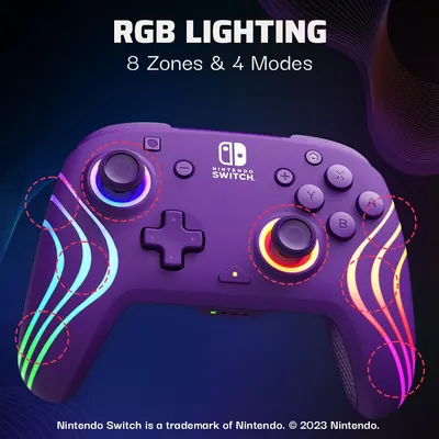 Highlights the multiple RGB lighting zones across the controller (8 zones with 4 modes) to showcase the customizable aesthetic and gaming ambiance features. Communicates the controller's…