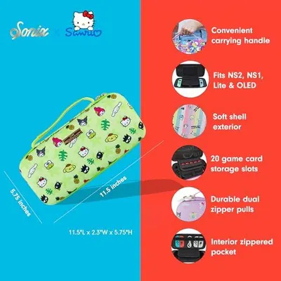 This image showcases multiple distinct benefits of the Sanrio-themed Nintendo Switch case in a segmented layout, highlighting its convenience, compatibility, storage capacity, durability, and…