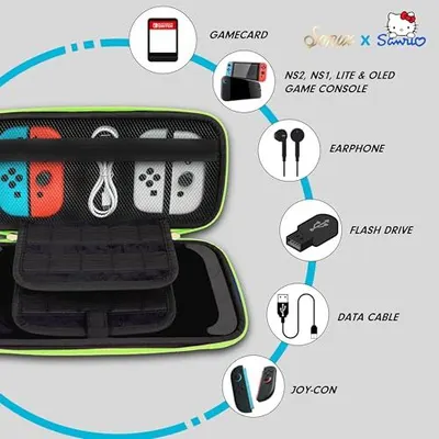 Shows shoppers everything that can fit inside the carrying case, demonstrating its storage capacity and organizational features for Nintendo Switch accessories.