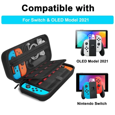 Demonstrates that the carrying case is compatible with both the Nintendo Switch and OLED Model 2021, reassuring shoppers that it will fit their specific device model.