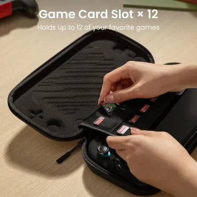 Communicates the storage capacity of the case, reassuring shoppers that it can hold up to 12 game cards for their gaming device. Demonstrates the organizational benefit of the case by showing how…