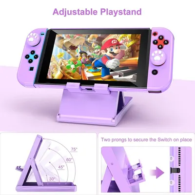 Demonstrates the playstand's adjustable angle feature (30°-75°) and secure two-prong mounting system to reassure shoppers of versatility and stability for hands-free gaming.