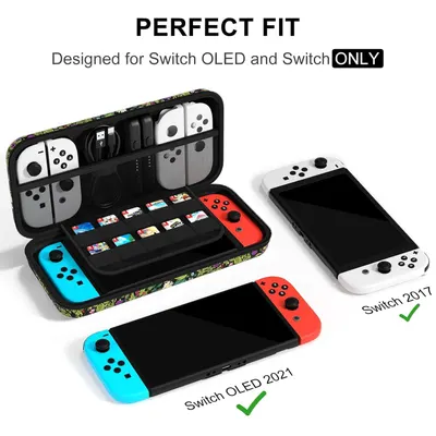 Demonstrates that the carrying case is compatible with multiple Nintendo Switch models (Switch OLED 2021 and Switch 2017), reassuring shoppers that it will fit their specific device. Shows what the…